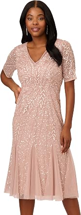 Adrianna Papell Womens Beaded Midi Dress with Godets