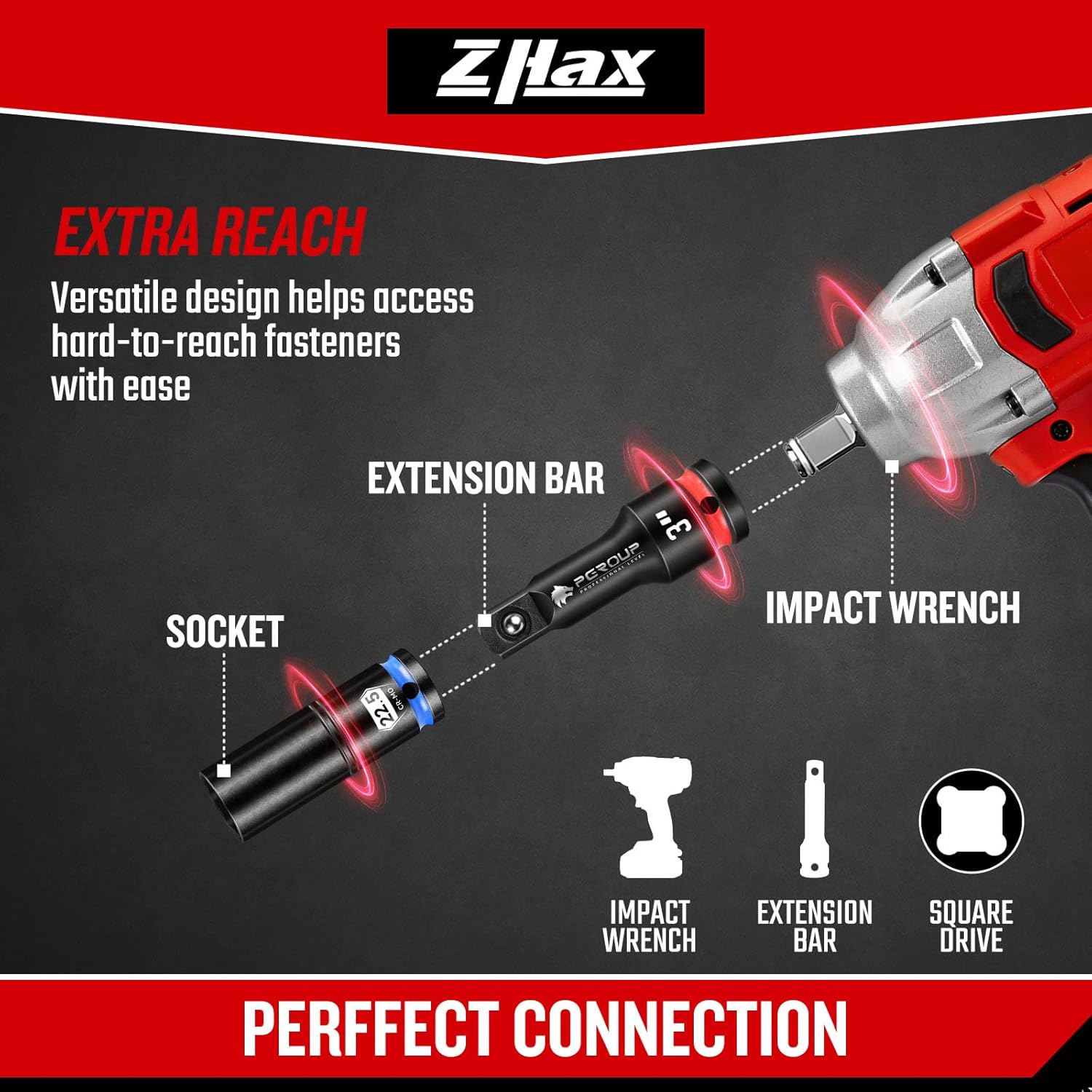 ZAHX 9 Pieces Impact Extension Bar Set, 1/4", 3/8" and 1/2" Drive Socket Extension, Embossed Size Marking, CR-MO Steel for Auto Repair