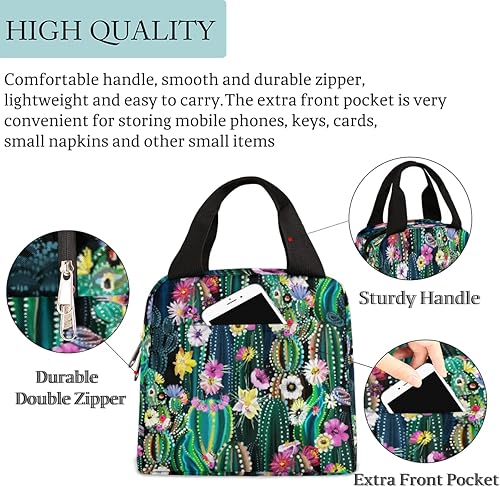 Miniatura 2 de Bolsas de almuerzo reutilizables con diseño de cactus para mujer, colorida lonchera aislada, bolsa de almuerzo para mujeres, a prueba de fugas,