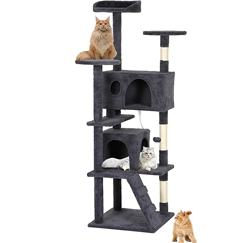 BestPet | 62" Cat Tree Tower | Dark Gray | Sturdy, Easy to Assemble, Multi-Level Activity Center with Sisal Scratching Posts, Condos, Perches, Hanging Cat Toys, Observation Decks & Ladder