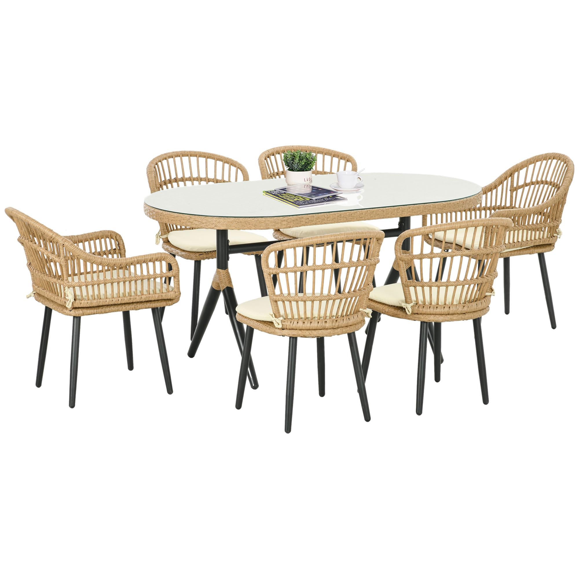 Outsunny Salon de Jardin extérieur en résine tressée 6 Places Ensemble de Salle à Manger - 1 Table rectangulaire et 6 chaises avec Coussins - Plateau en Verre trempé, Cadre en Acier, Bois Naturel