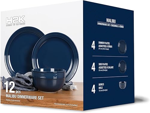 Miniatura 6 de Juego de vajilla de gres, platos para 4. Juego de platos y cuencos, aptos para microondas. Platos de Cocina. Platos de cocina azul