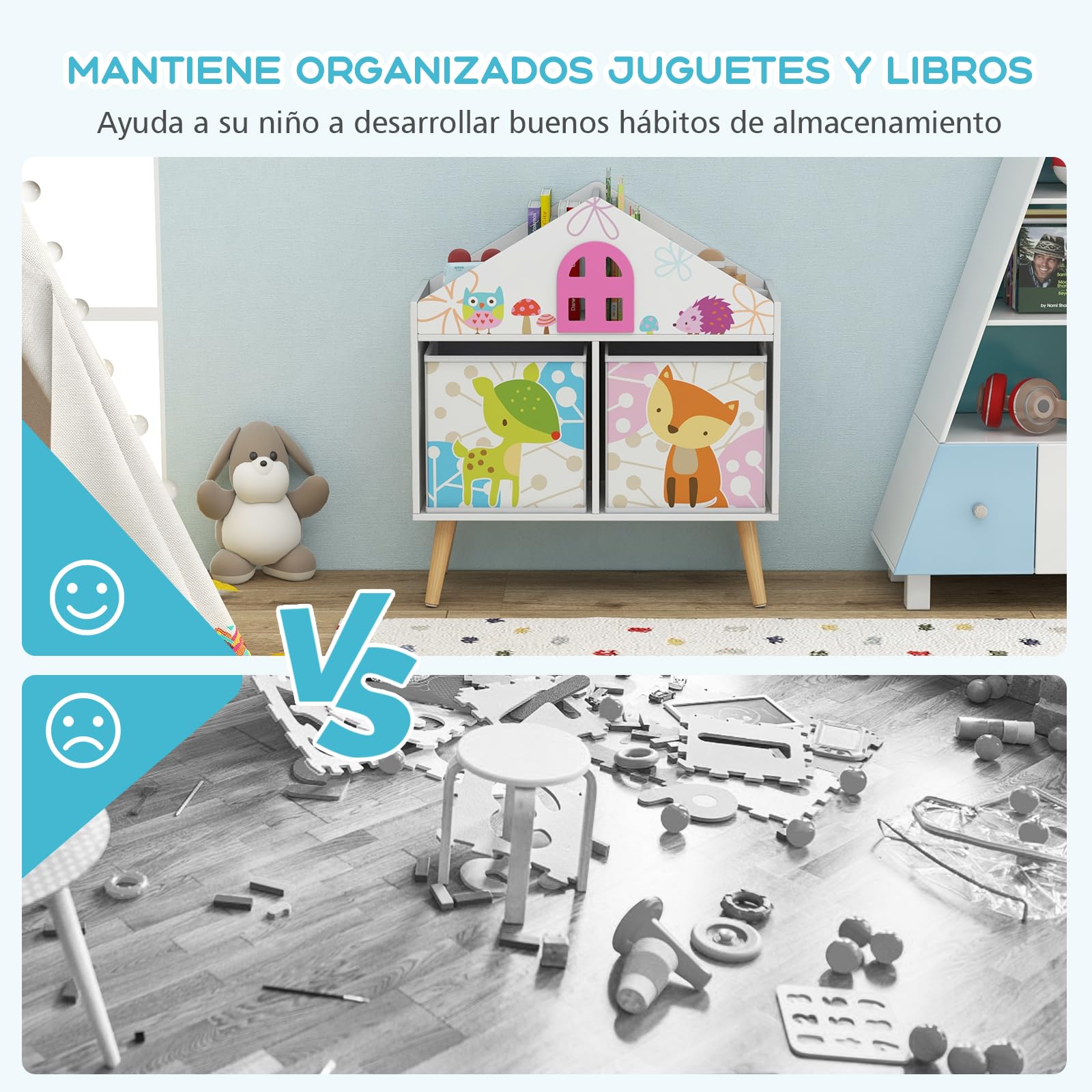 GOPLUS Estanteria Infantil de Juguetes y Libros para Niños, Organizador de Almacenamiento con 2 Cajones y 4 Compartimentos Abiertos de Gran Capacidad, Mueble Infantil con Patas Elevadas, 62×30×72 cm