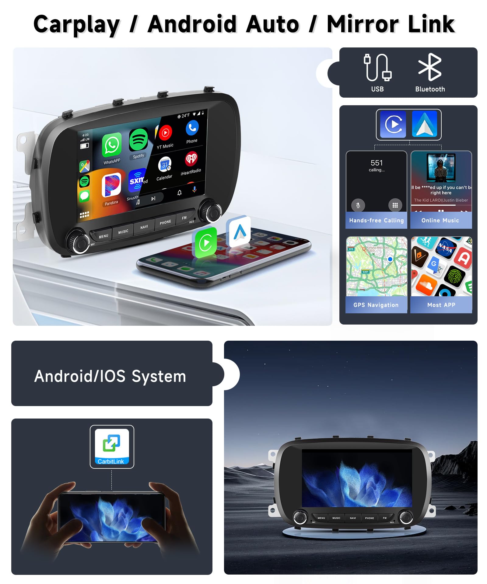 8 CORE 4G+64G Autoradio Android 13 per FIAT 500X 2014-2020, 7" HD IPS Touchscreen Stereo Auto co DSP Carplay Android Auto GPS Wi-Fi Bluetooth Radio FM RDS Retrocamera