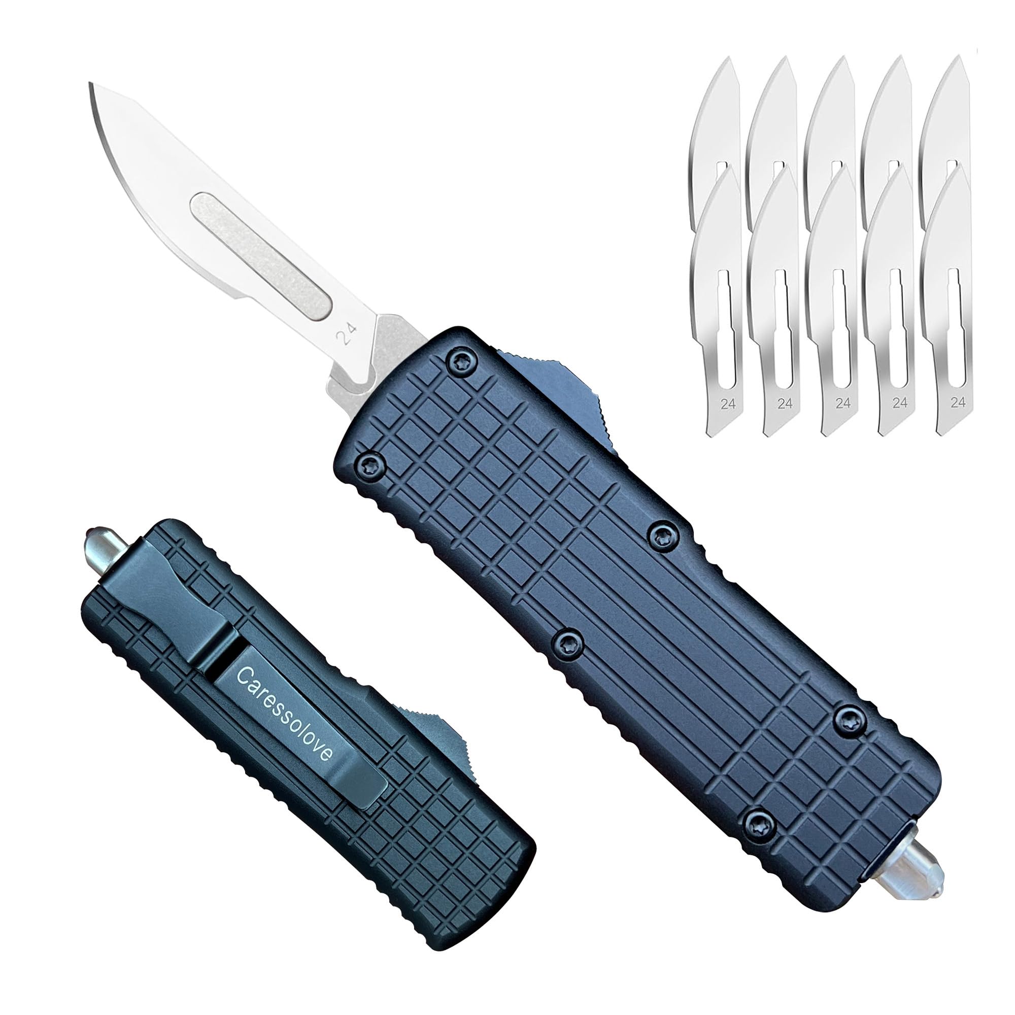 Caressolove Automatic Scalpel Knife, Mini Auto Utility Knife Push Button, EDC Retractable Small Pocket Knife, Self Retracting Box Cutter with 10pcs