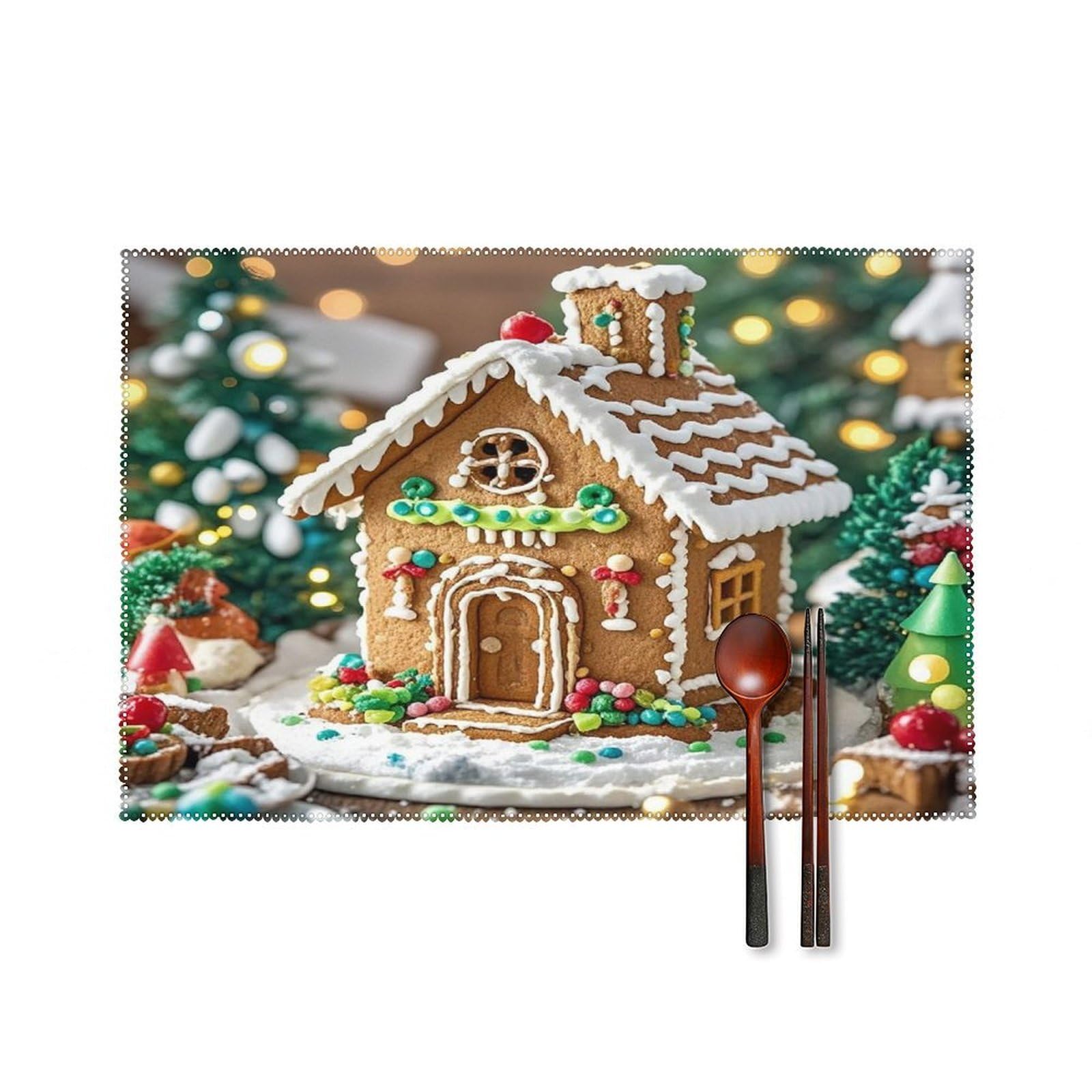 Gingerbread House Placemats Set of 6 Heat-Resistant Washable Place Mats Wipeable Kitchen Placemat Easy to Clean for Indoor Outdoor Party Kitchen Decoration