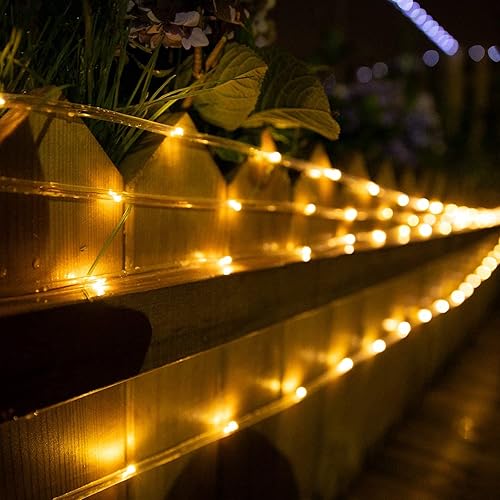 Miniatura 4 de Oluote Tira de luces solares para exteriores, 33 pies, 100 luces LED impermeables con panel solar para exteriores, hogar, jardín, fiestas,
