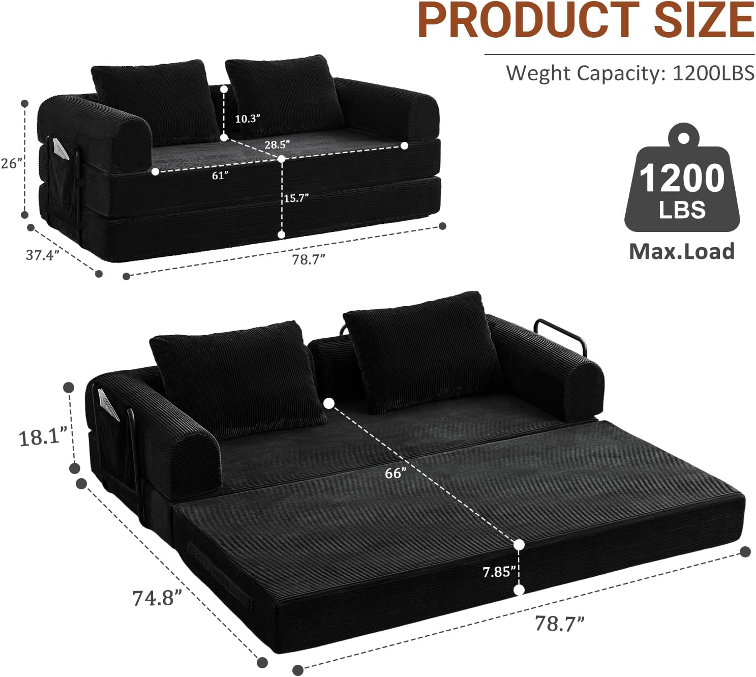 79" Convertible Sofa Bed, 5-in-1Boneless Couch for Living Room with 2 Pillows Corduroy Folding Sleeper Sofa Bed, Boneless Cloud Loveseat Futon Sofa Bed for Living Room Bedroom Lounge, Black