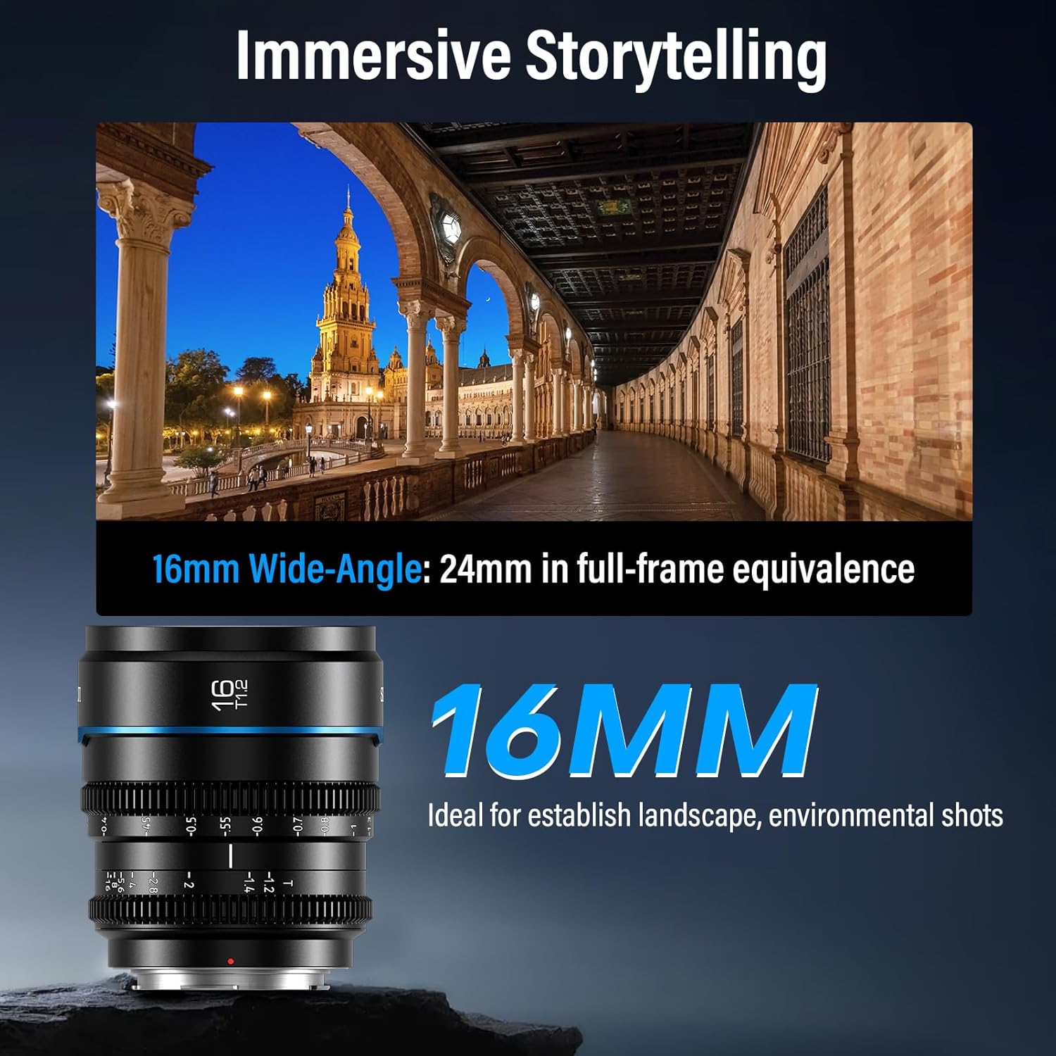 Image showing the wide-angle perspective of the 16mm SIRUI Night Walker lens, ideal for immersive storytelling