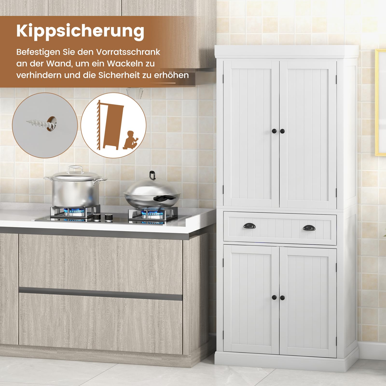 COSTWAY Keukenkast, hoog, 170 cm, buffetkast, hout, hoge kast met 2