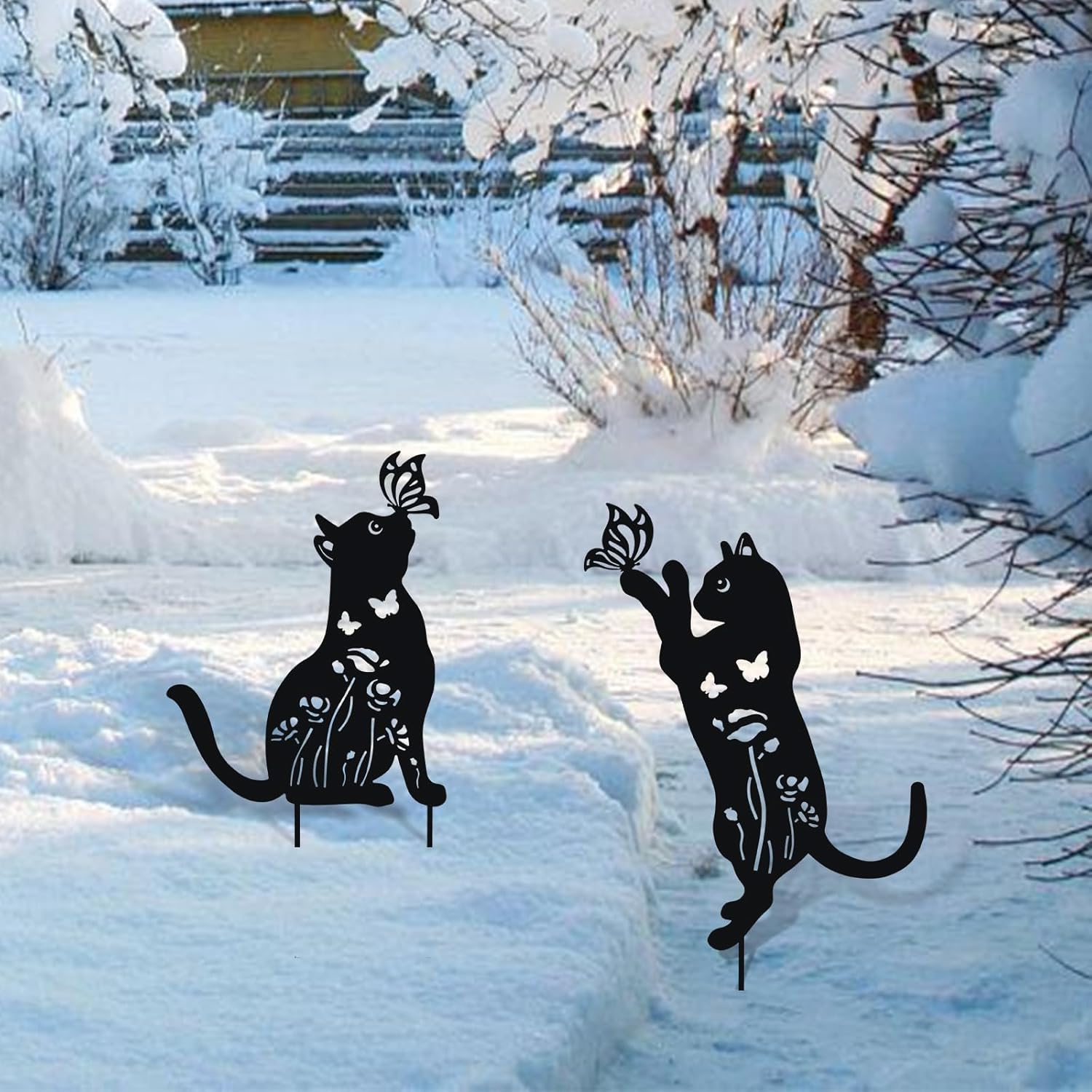 WONDER GARDEN Metal Cat Decor for Outside - 2 Pack Garden Stakes Decorative, Black Cat Silhouette Statues Lawn Ornaments Yard Art Patio Decor Women Men Mom Gifts