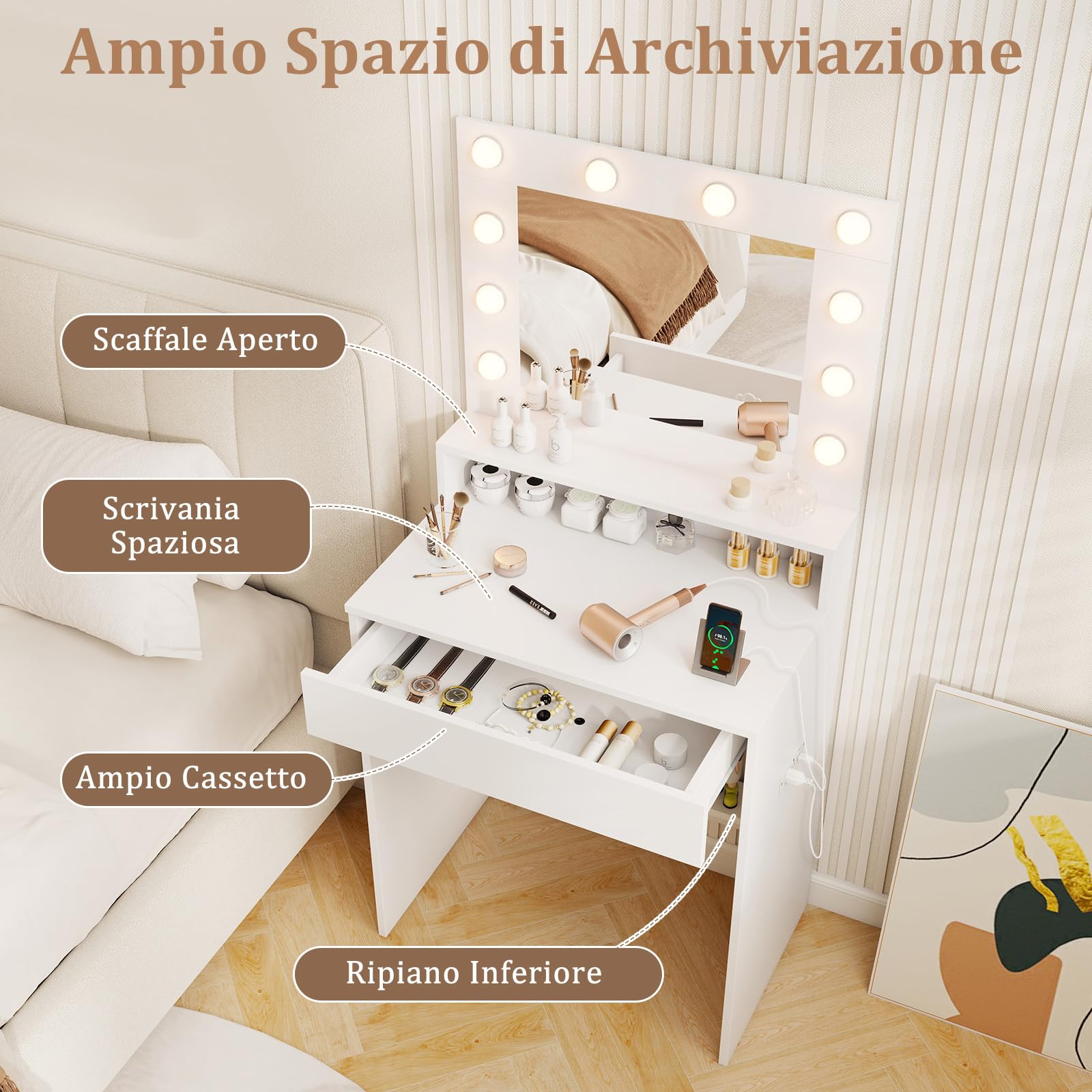 RELAX4LIFE Toeletta da Trucco con Luci LED a 3 Colori, Tavolo da Trucco con Stazione di Ricarica e Cassetto, Postazione Trucco per Camera da Letto, 66 x 40 x 136 cm, Bianco