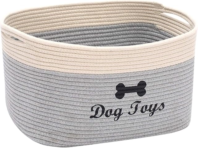 Xbopetda Dog Toy Basket, Cotton Rope Storage Basket, Laundry Basket Storage Bin Pet Toy Organizer Box - Perfect for Holding Pet Clothes/Blankets/Treats-Gray/White