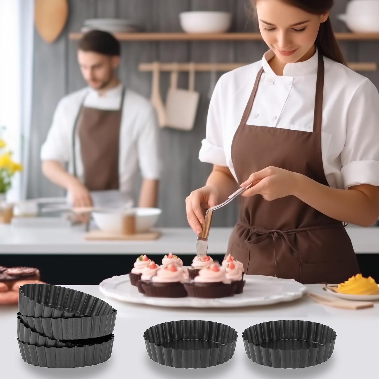Moldes para tartas de 5 pulgadas, 6 unidades, sartenes para quiche, mini sartenes antiadherentes con parte inferior extraíble, herramientas reutilizables de acero al carbono para hornear