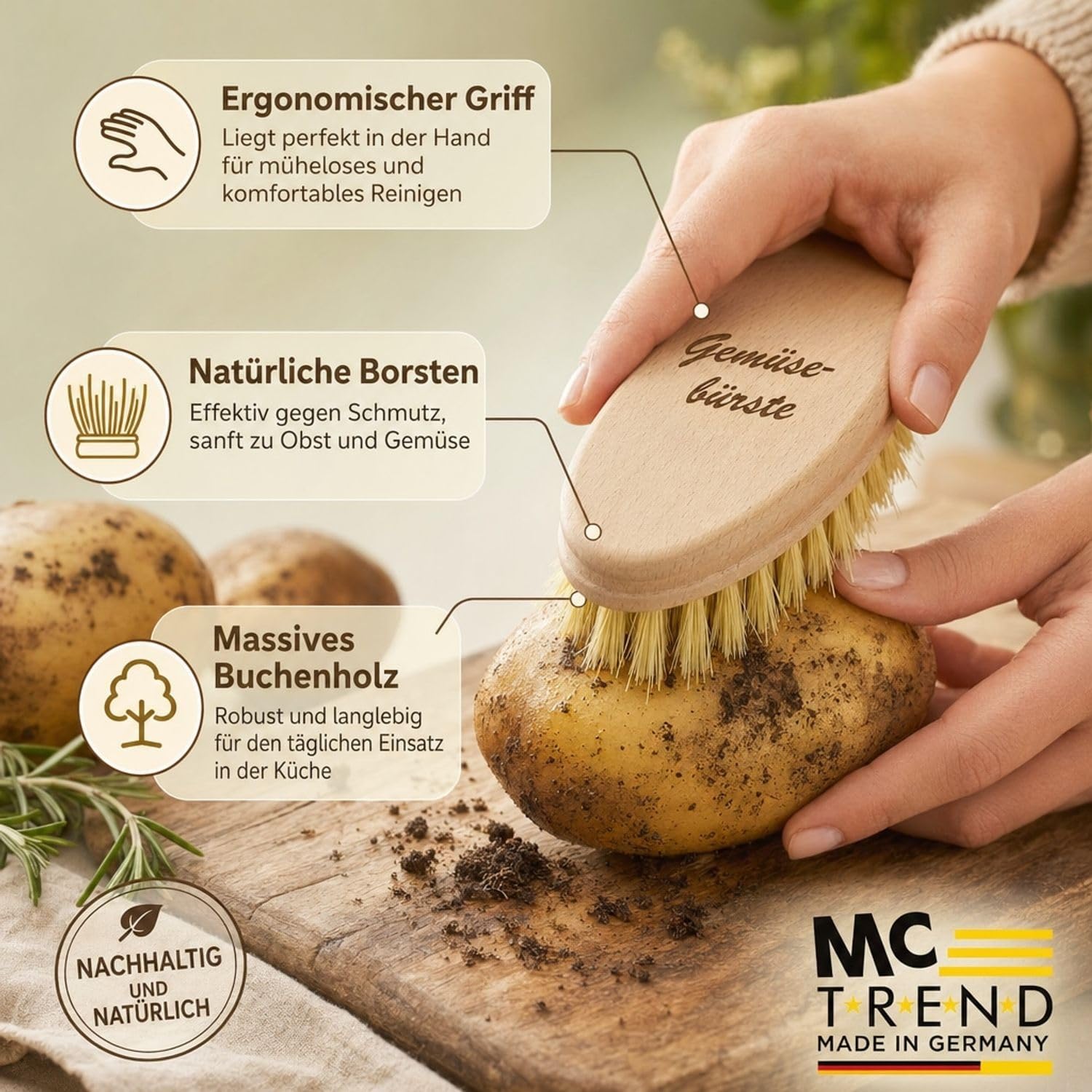 Brosse à légumes en bois de hêtre avec poils naturels durable pour laver légumes et fruits