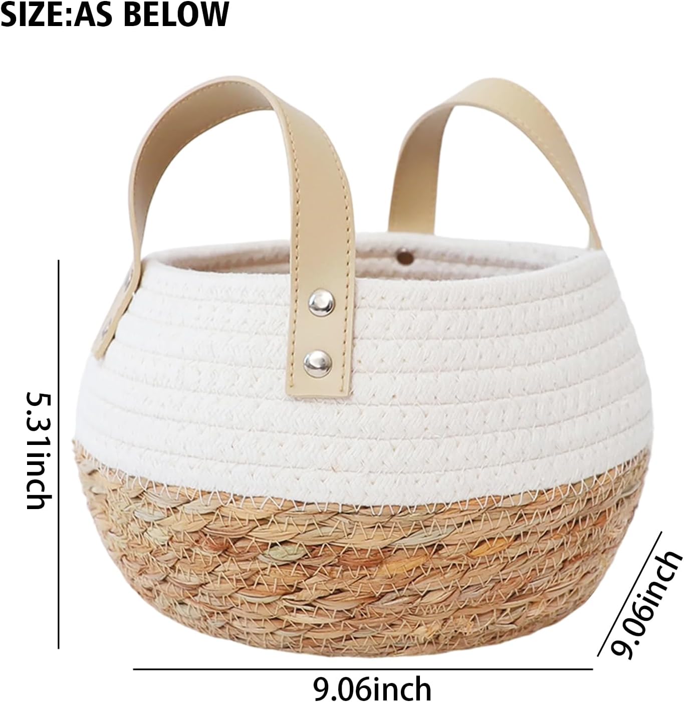 Natural Binaural Splicing Cotton Cord Storage Basket, Suitable For Interior Decoration and Desktop Organization. (Natural + White)