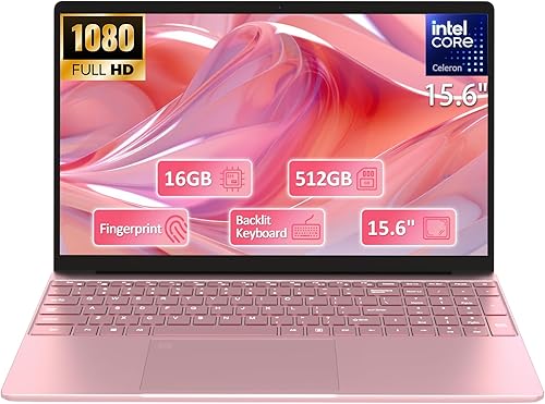 Laptop estudiantil de 15.6 pulgadas con teclado retroiluminado, 16 GB de RAM 512 GB SSD, pantalla de protección ocular FHD de 1920 × 1080, huella