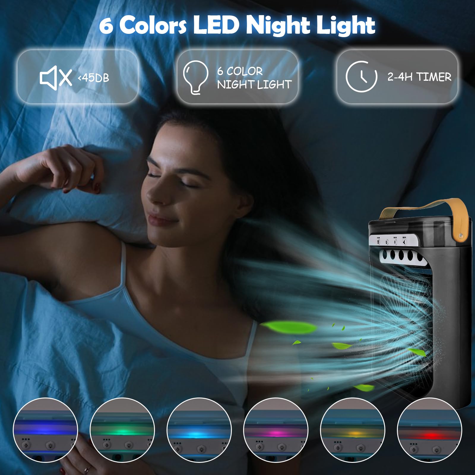 Mini Aire Acondicionado Portatil 4 en 1 Enfriador de Aire Pequeño con 600 ml Tanque, 3 Velocidades, 3 Nebulización, 2-6H Cronometrado, 6 LED Ventilador Refrigerador para Dormitorio Oficina