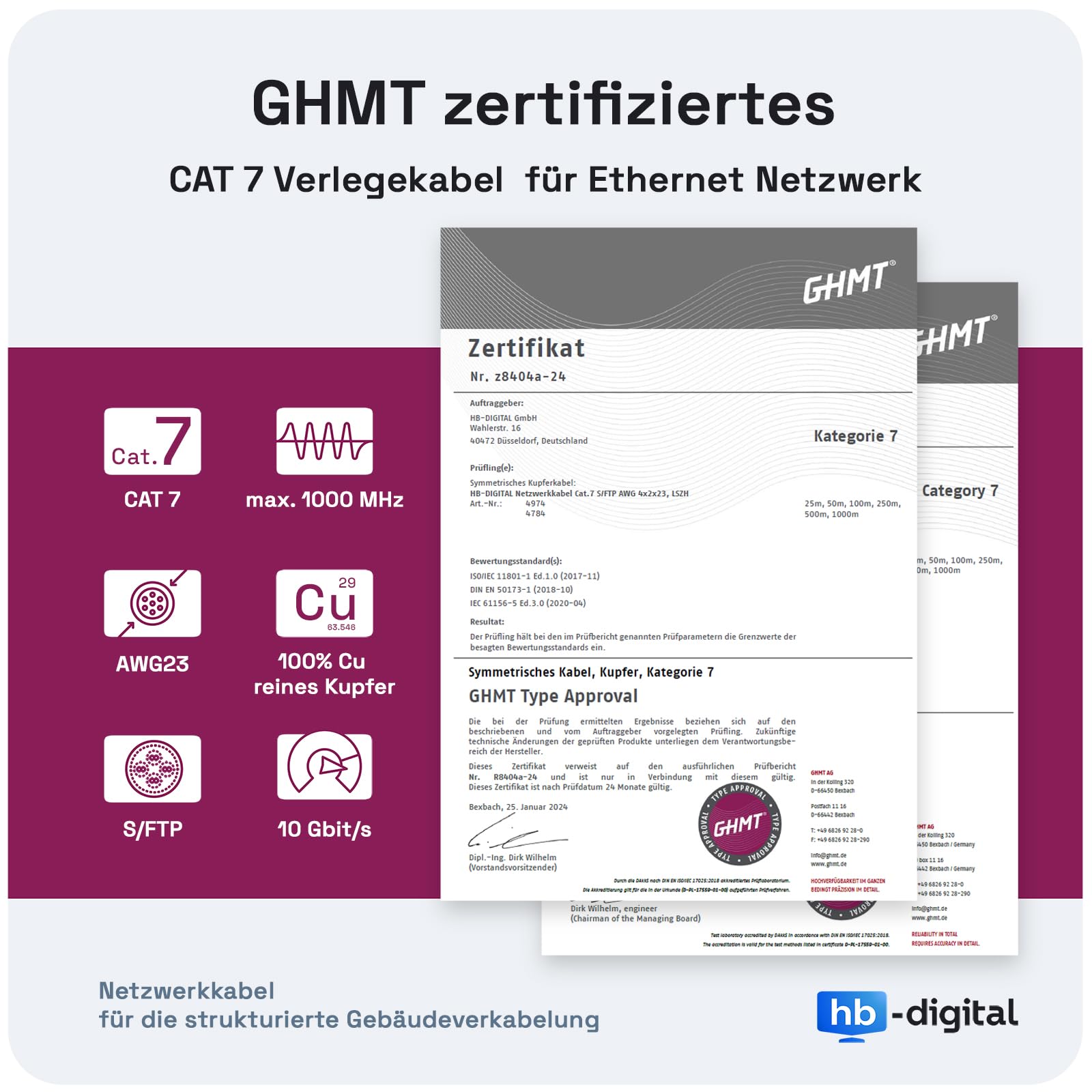 HB-DIGITAL Kabel sieciowy LAN 15 m CAT 7 kabel instalacyjny Ethernet 10 Gbit/s AWG23 S/FTP - certyfikat GHMT - czysta miedź LSZH BauPVO klasa Cca kabel danych Duplex - pomarańczowy