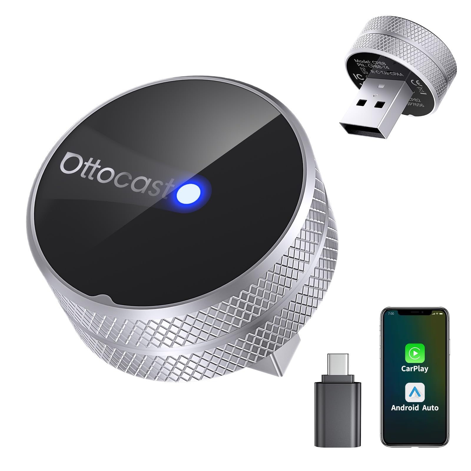 OTTOCAST Mini Tube 2026, Adattatore Wireless CarPlay & Android Auto, Connessione in 5-8s, USB-A/Type-C, Aggiornamento OTA, iOS 10+/Android 11+, Compatibile Auto dal 2016 (No BMW/Tesla)