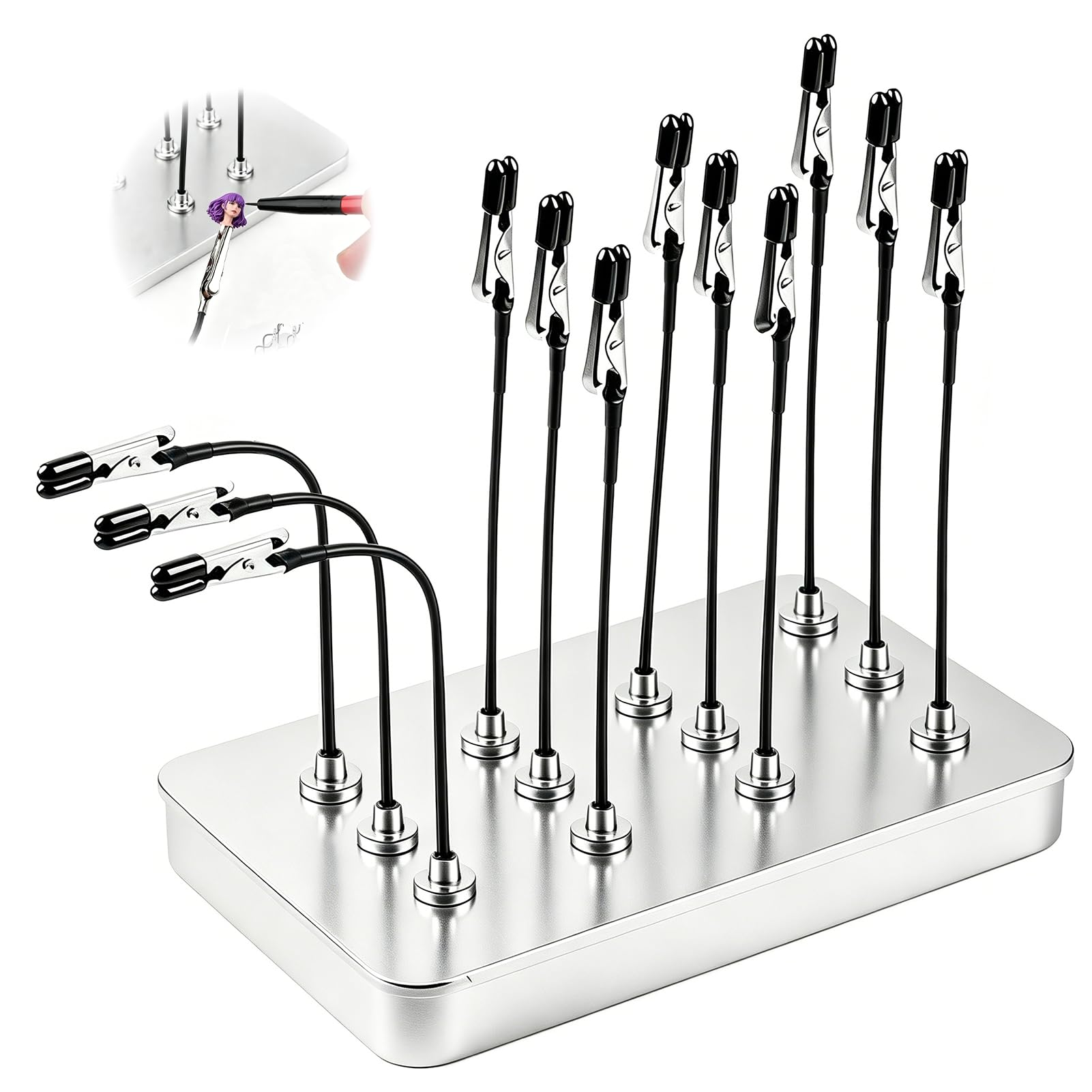 Model Painting Stand Kit with 12 Magnetic Bendable Alligator Clip Sticks, Model Painting Stand Base Holder, Crocodile Clips for Airbrush, Miniature Painting, Soldering, Modelling Tools