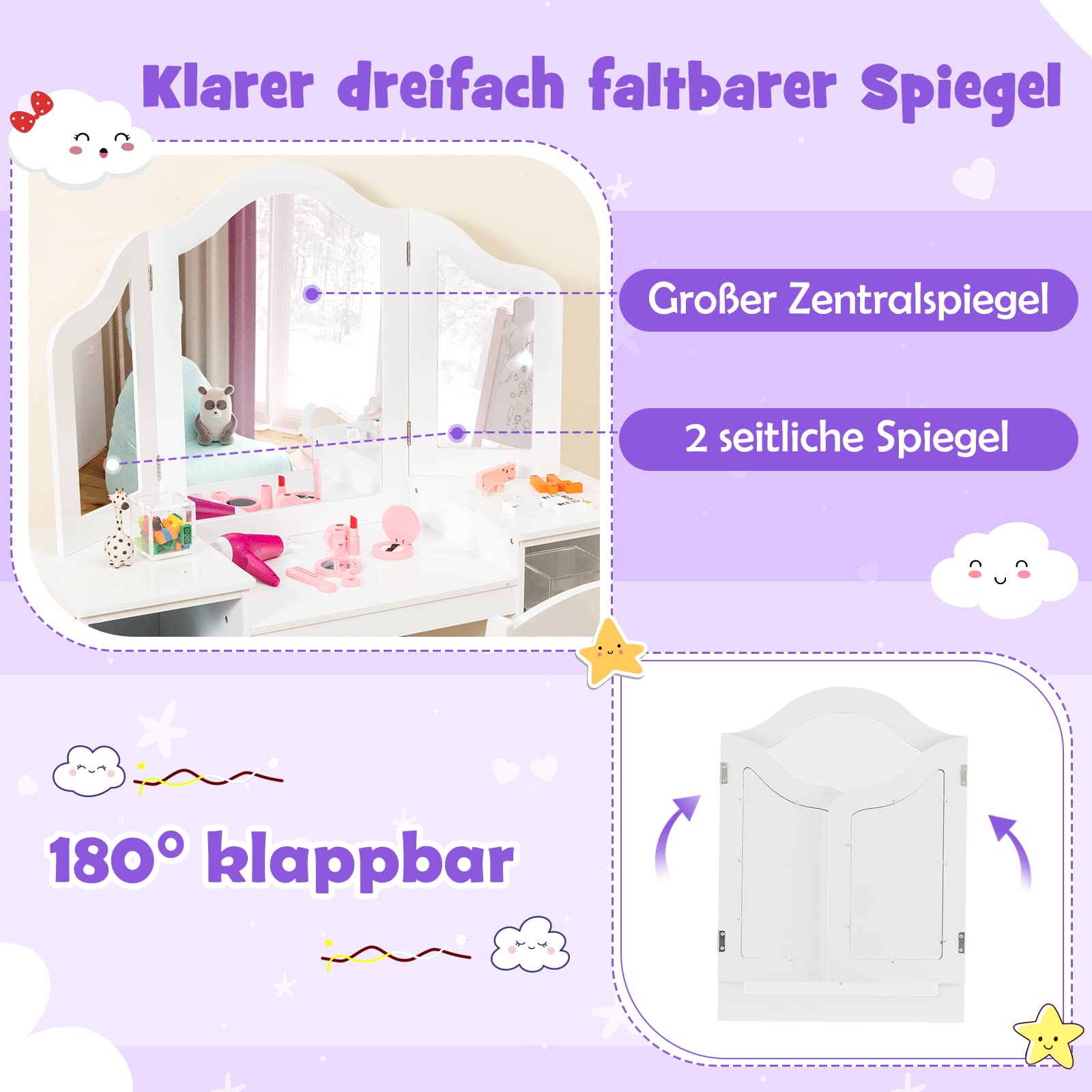 DREAMADE 2 in 1 Kinder Schminktisch mit Hocker und abnehmbarem Spiegel, Prinzessin Frisiertisch mit 4 offenen Ablageflächen, Kinderschminktisch für Kinder Mädchen (Weiß-mit Hocker ohne Box)