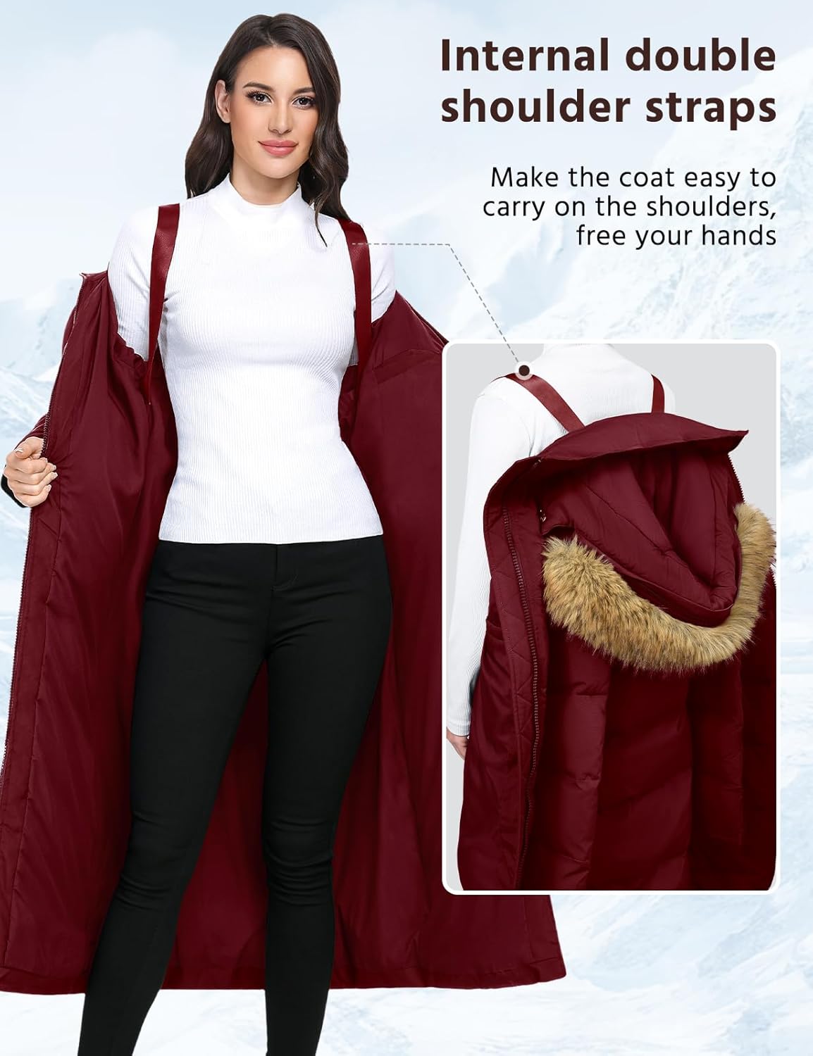Long Winter Puffer Coat for Women Winter Faux Fur Quilted Jackets with Detachable Hood Maxi Length Zip Outerwear - Image 2