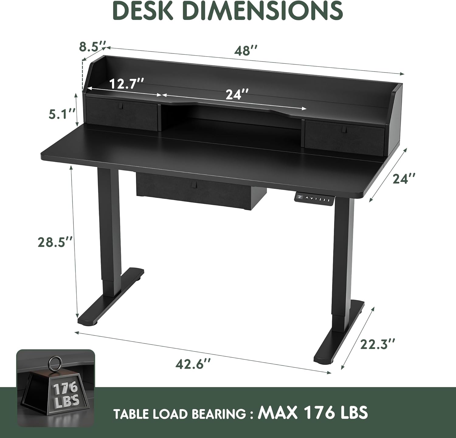 Detailed dimensions of Homall Electric Standing Desk