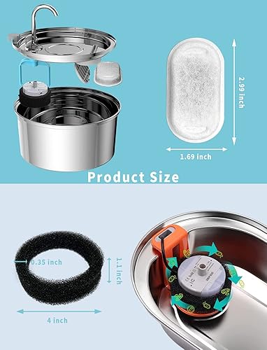 Miniatura 3 de Filtros de fuente de agua para gatos (8 + 8 piezas), filtros de repuesto para fuente de acero inoxidable de 3.2L108 onzas (2L67 onzas), fuente de