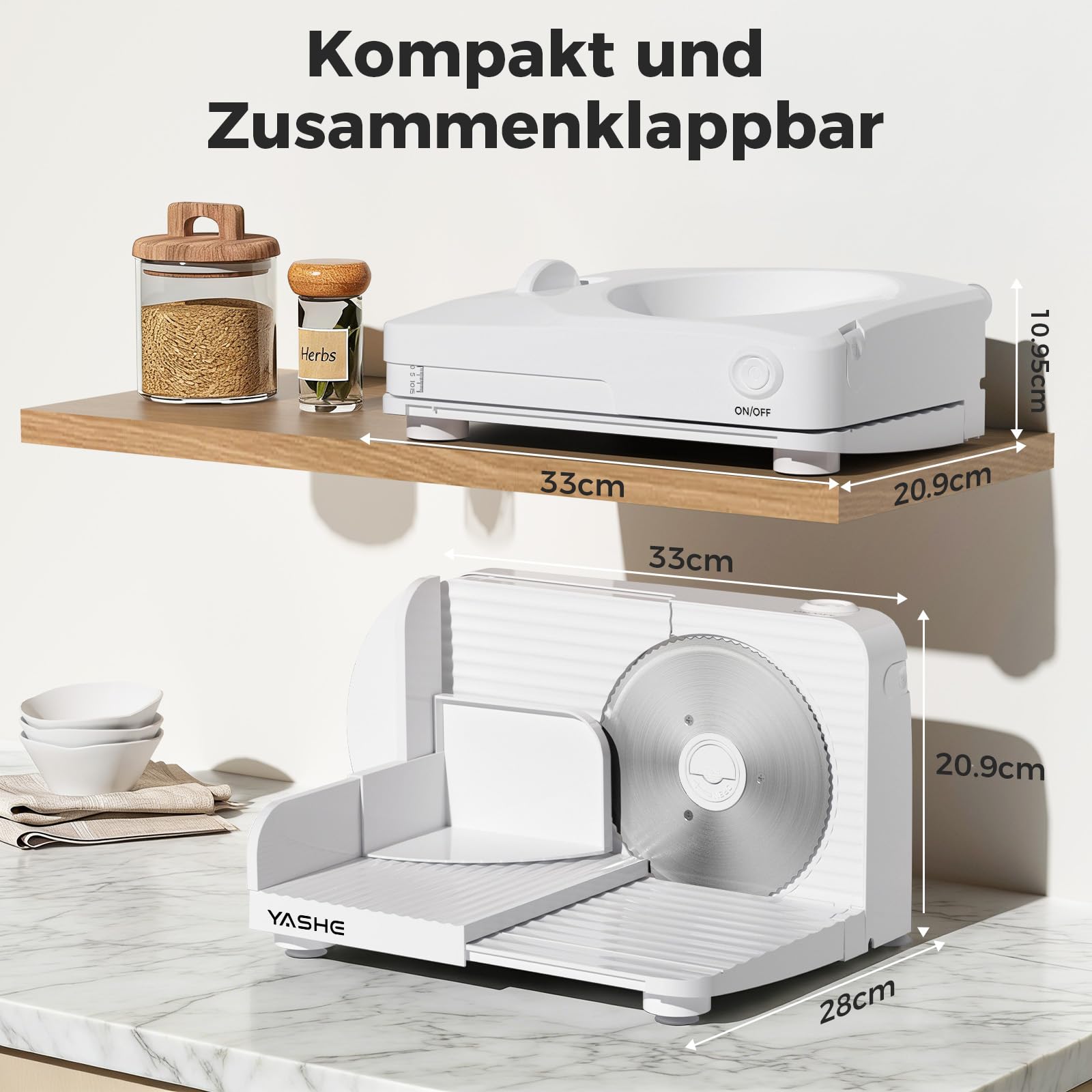 YASHE Faltbarer Elektrischer Allesschneider 180W Brotschneidemaschine Edelstahlklinge 17 cm Einstellbare Dicke 0-15 mm Kompakt