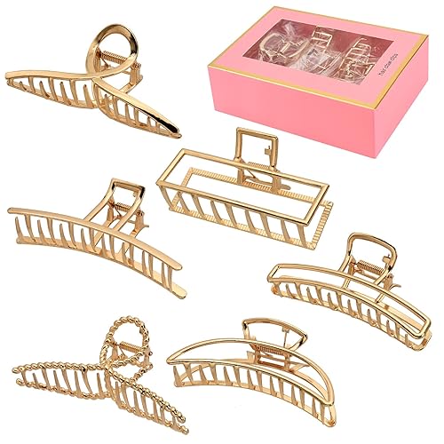 LUKACY 6 Pack Large Metal Hair Claw Clips - 4 Inch Big gold hair clips,Perfect Jaw hair clamps for Women and Thinner,Thick hair styling,Strong Hold Hair,Fashion Hair Accessories (Style 1) - Style 1