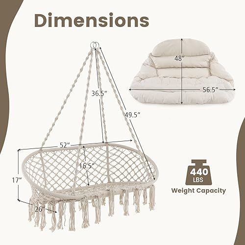 Miniatura 8 de Giantex Hammock Chair, Macrame Hanging Chair with Removable Cushion, Romantic Tassels, Outdoor Indoor Rope Chair for Relax in Bedroom, Porch,