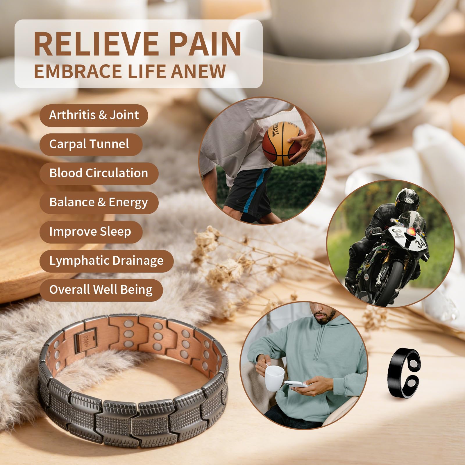 Pulsera de cobre para hombres, pulsera de hombres con 3X fuerza magnética ajustable de 3500 Gauss — view 4