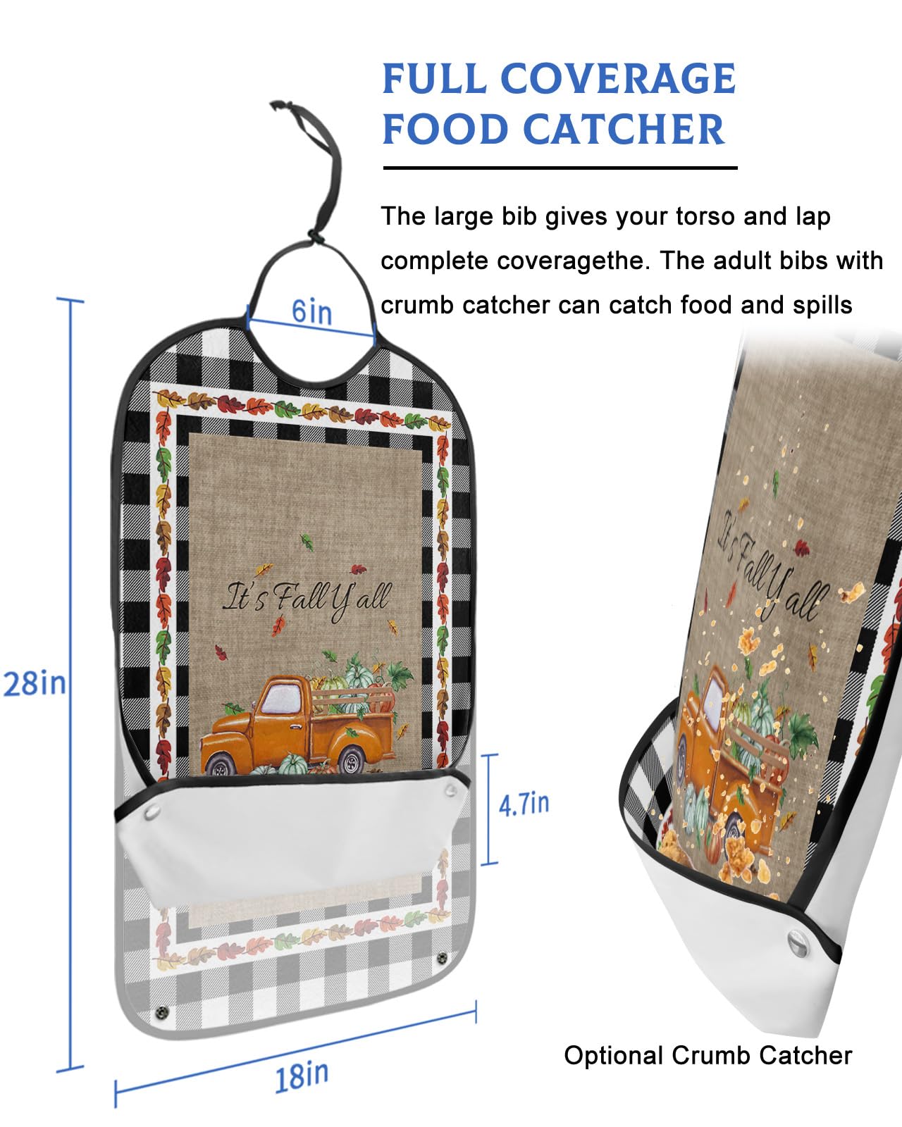 Thanksgiving Pumpkin Truck Adult Bibs for Eating, Waterproof Bibs with Food Catcher & Adjustable Snap Closure, Black White Plaid Fallen Leaves Burlap Clothing Protectors Adult Bibs for Elderly