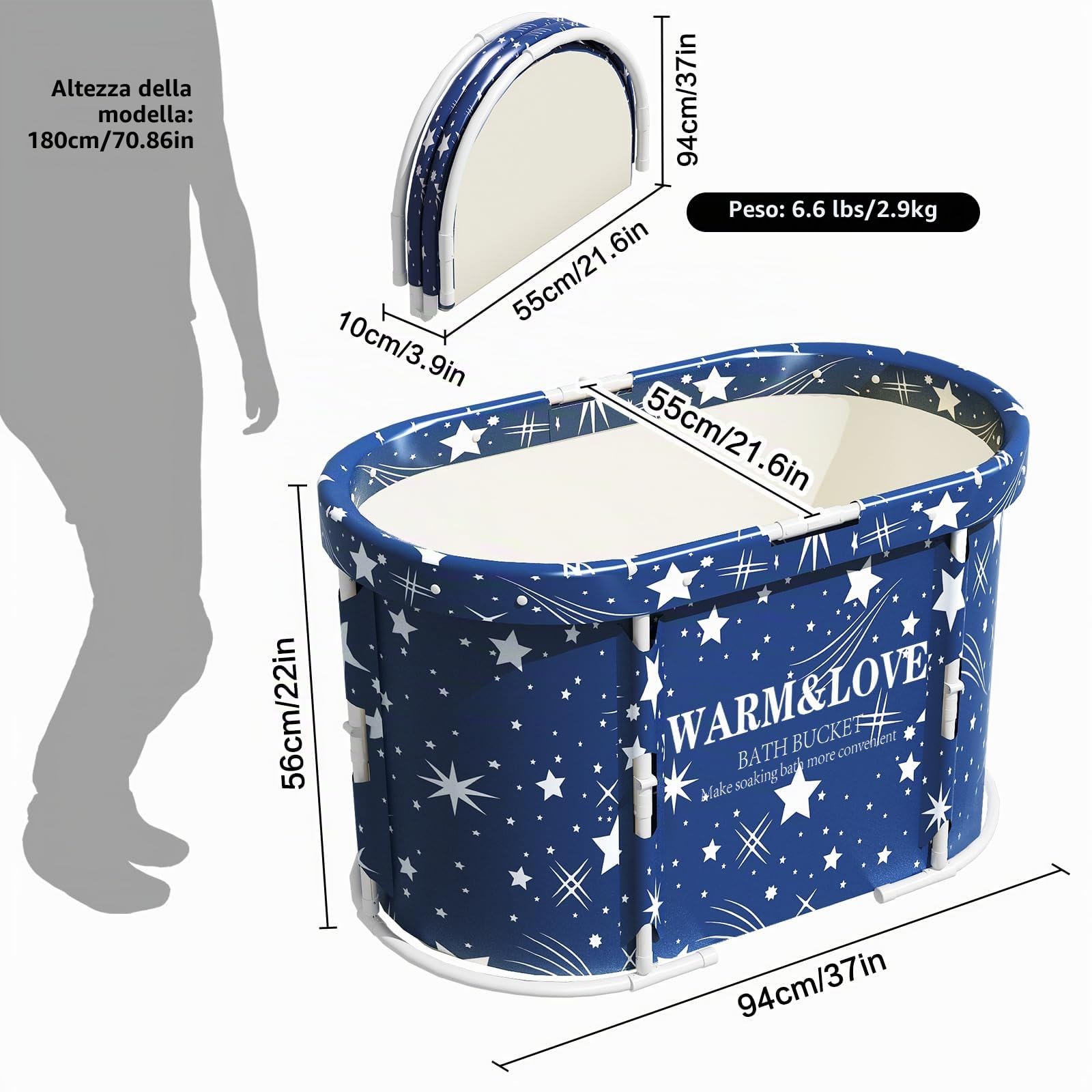 Vasca da bagno pieghevole portatile per adulti, vasca da bagno per la doccia,Nessun assemblaggio necessario (blu, ovale-94L x 55W x 56H cm)