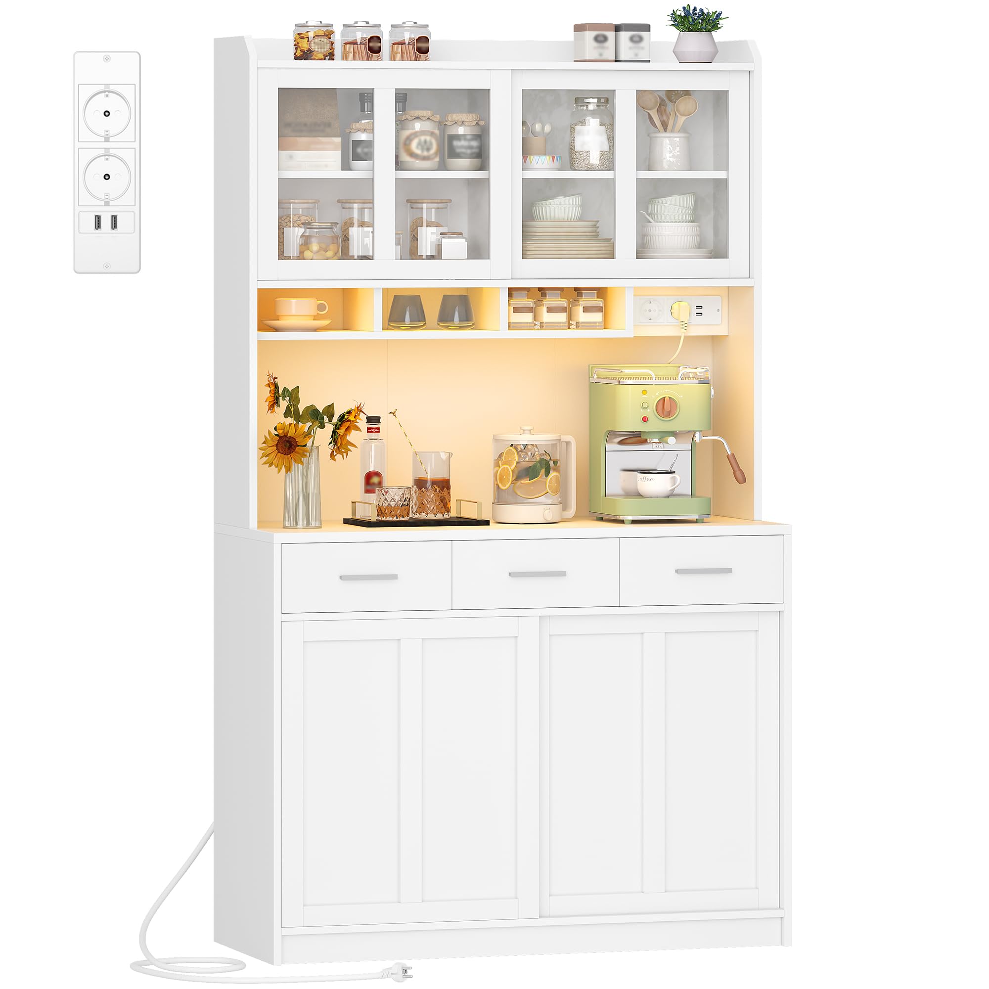 Hzuaneri Küchenschrank, Sideboard mit Arbeitsplatte und 3 Schubladen, Verstellbare Einlegeböden, Schiebetüren, für Küche oder Esszimmer, 40 x 100 x 185 cm, Weiß 0110203XEU