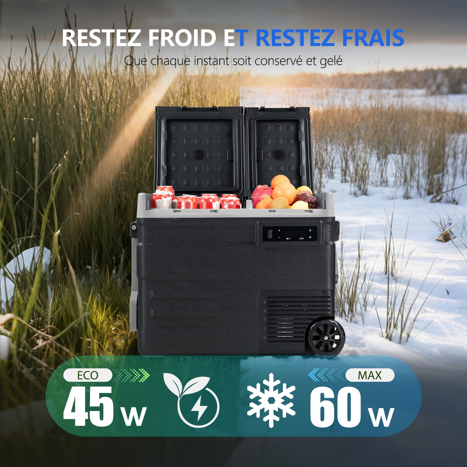 UD55 49L Bi-Zonal Réfrigérateur de Voiture Portable congélateur et réfrigérateur, Glaciere Électrique à Compression pour Maison, dortoir, Camping, Avec Roues, -20℃ BIS 20℃