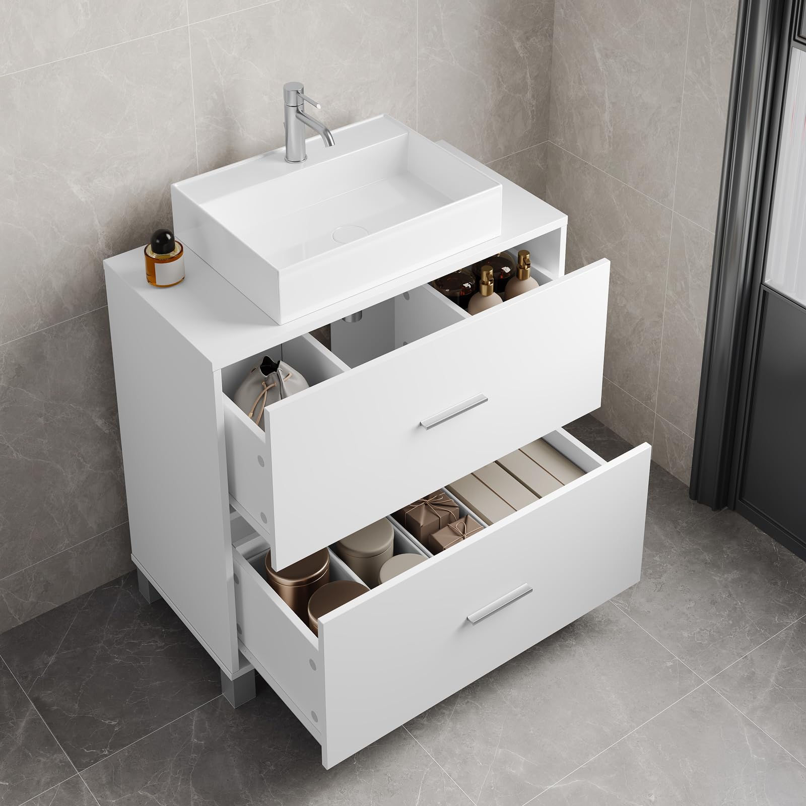 eSituro Mobile da Bagno Sottolavello, Mobile da Pavimento per Bagno, con 2 Cassetti, 60x30x60 cm, Bianco