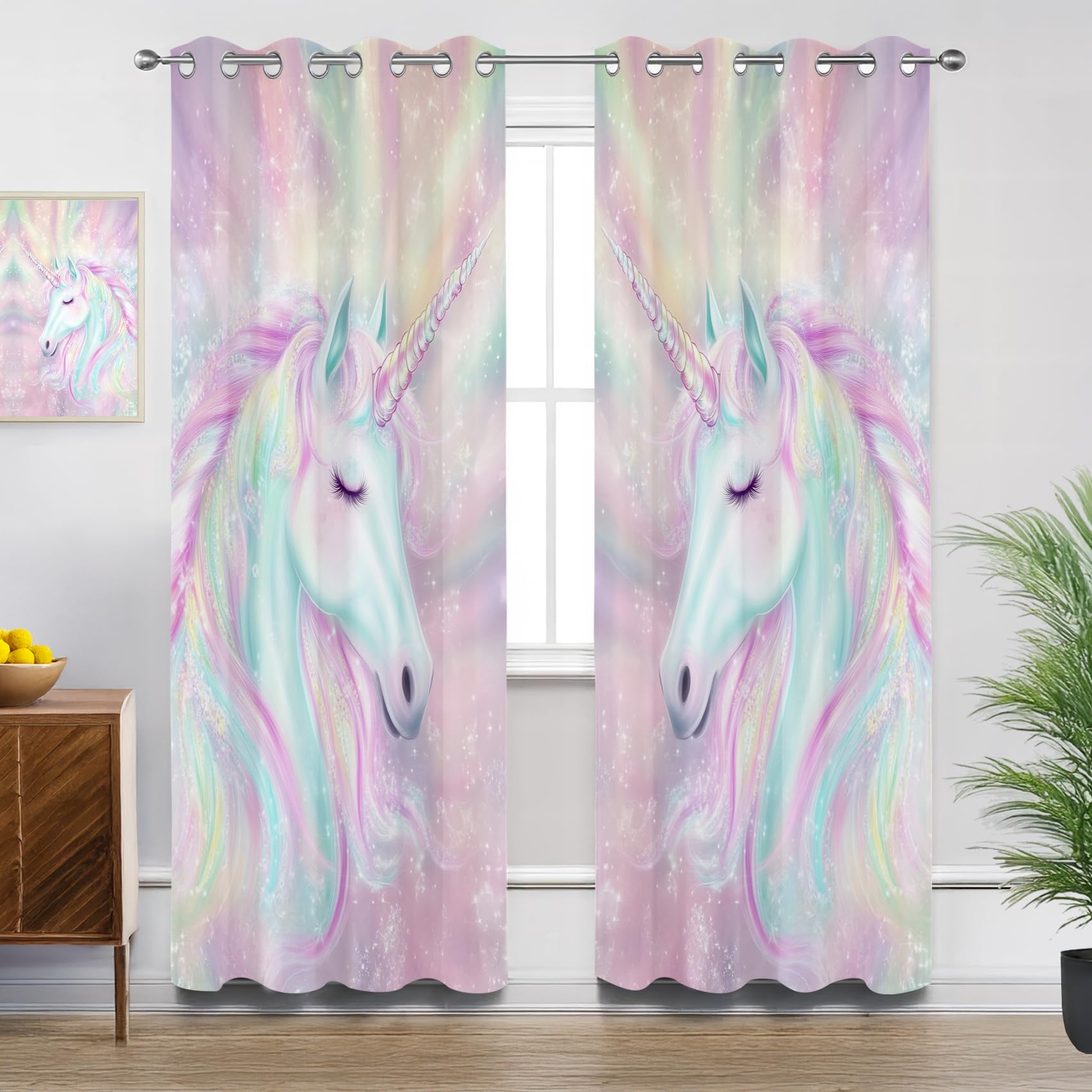 Mistela Unicorn Curtains for Living Room, Rainbow Unicorn Dreamy Pastel Kids Blackout Curtains Thermal Insulated Bedroom Curtain Eyelet, W54 X D90, 2 Panels Drapes House Decorations
