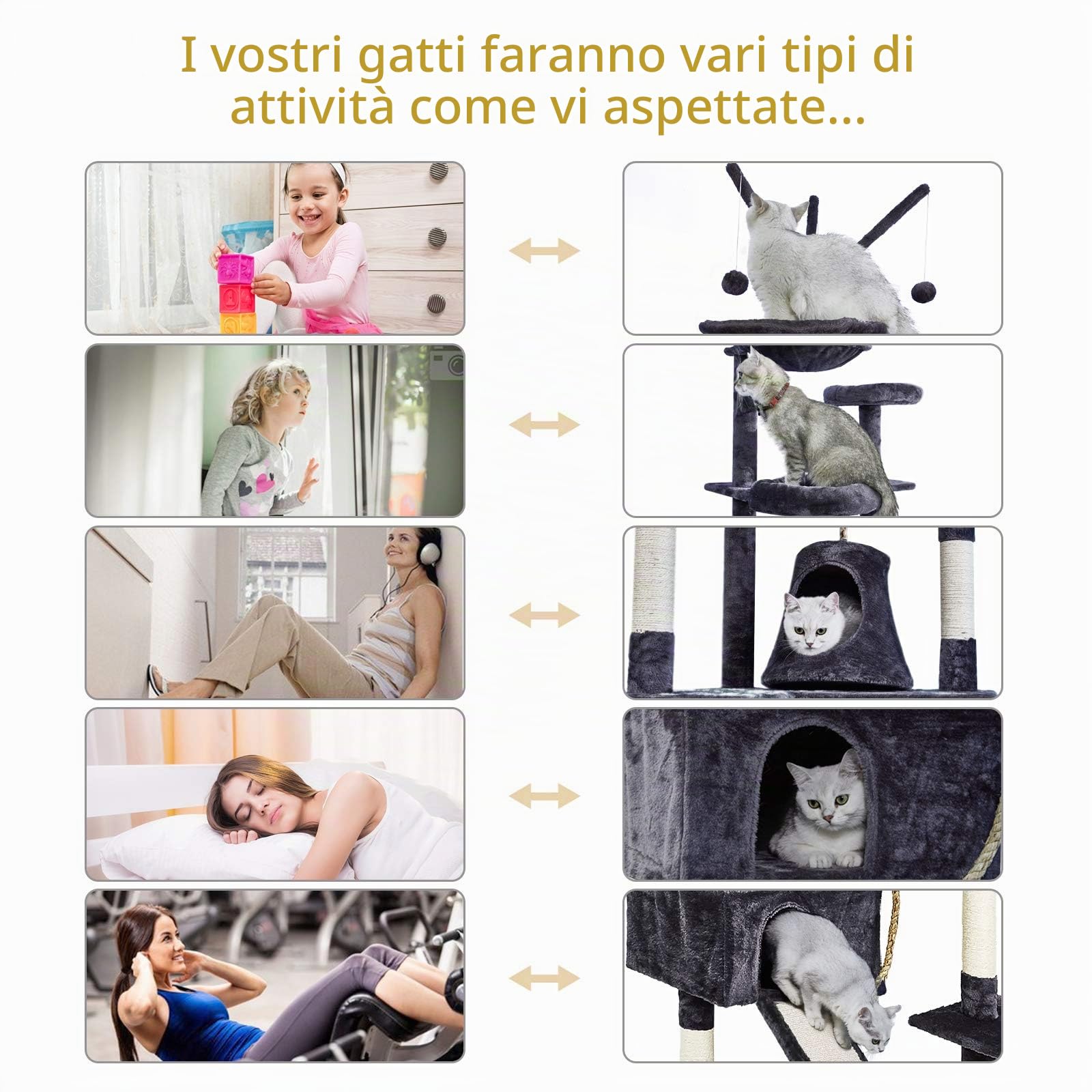 Meerveil Tiragraffi Albero per Gatti XXL Gatti Gioco gichi Palestra con Giocattolo per Gatto 3 Palle Cuccia Graffiatoio in Corda Sisal Naturale, con Amaca 210 cm, Grigio