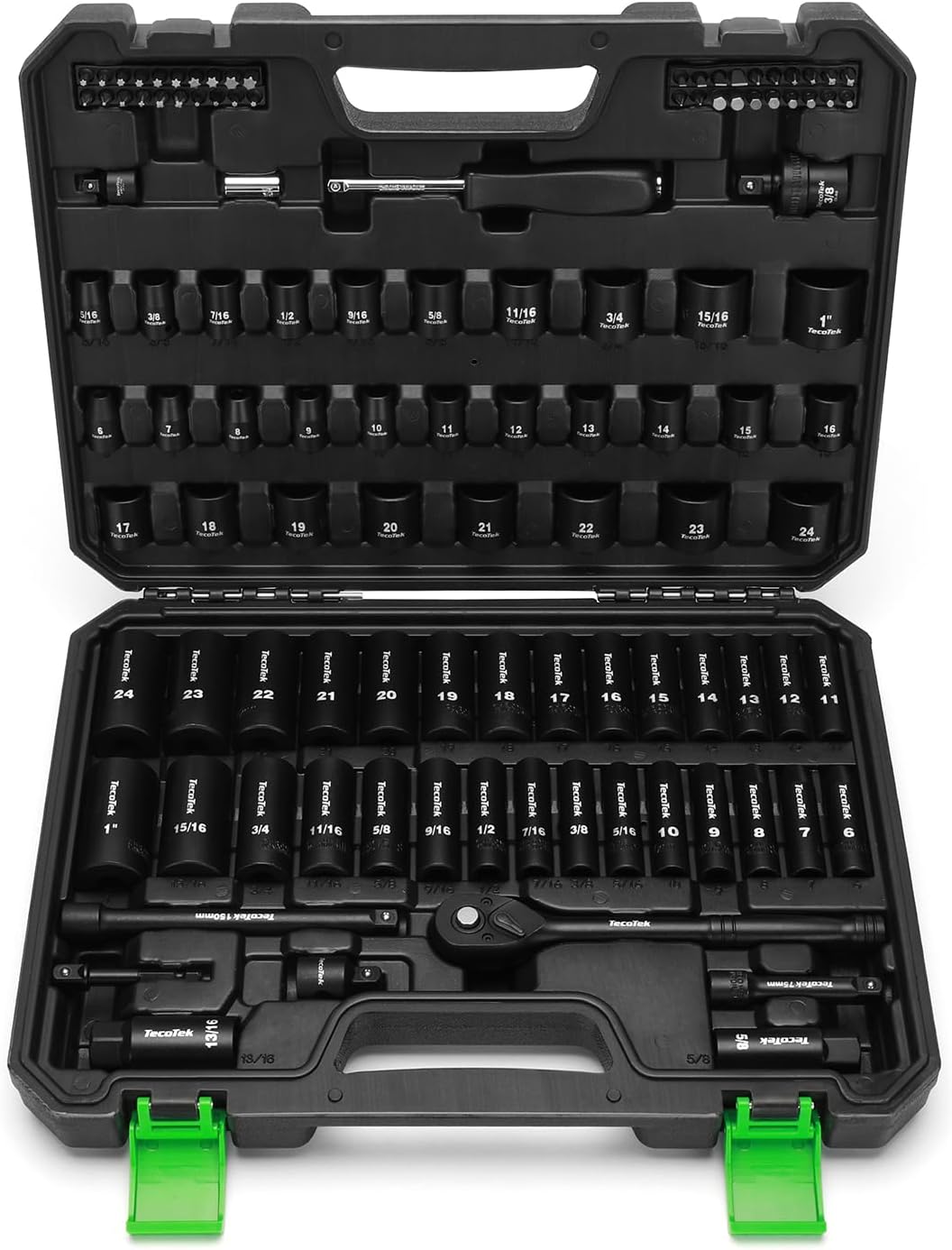 3/8" Drive Impact Socket Set, 109-Piece SAE (5/16"-1") and Metric (6mm-24mm), Deep & Shallow, 6 Point, Adapters, Ratchet Handle, Screwdriver Bit Set, Spark Plug Socket