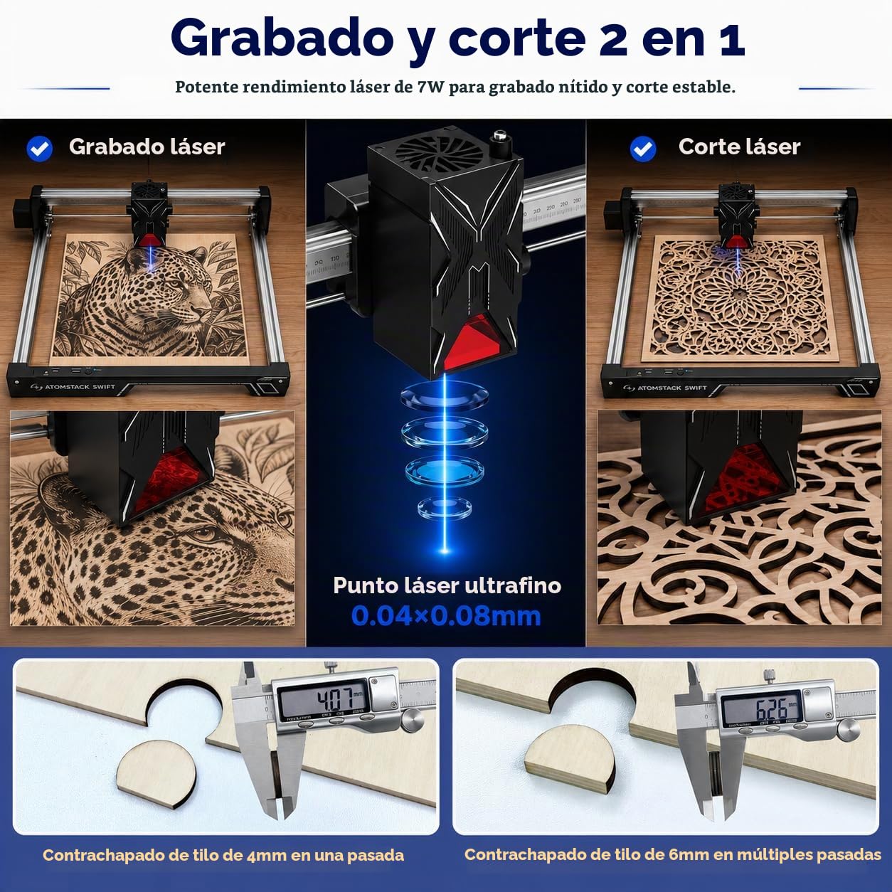 Grabador Láser ATOMSTACK Swift para Principiantes, Cortadora Láser de 7000mW, Área de Trabajo de 300×300mm, Máquina de Grabado Láser de Alta Precisión para Madera, Cuero, Metal Recubierto (Swift 7W)