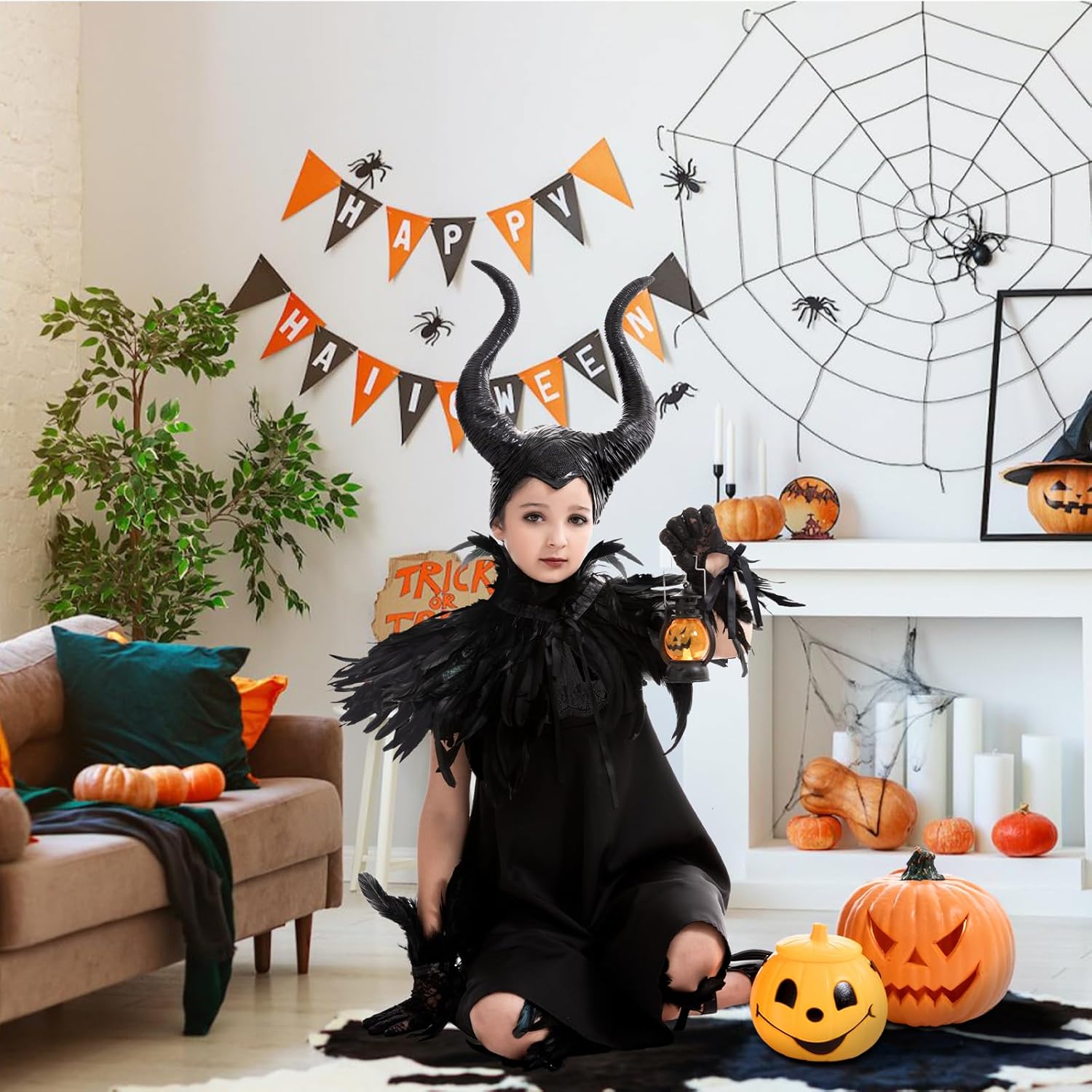 Girls Halloween Costume, Gothic Black Suits with Horn, Scepter, Feather Cape Shawl, Feather Lace Gloves and Footcovers without Dress for Children Evil Witch Darkness Gown Cosplay Party