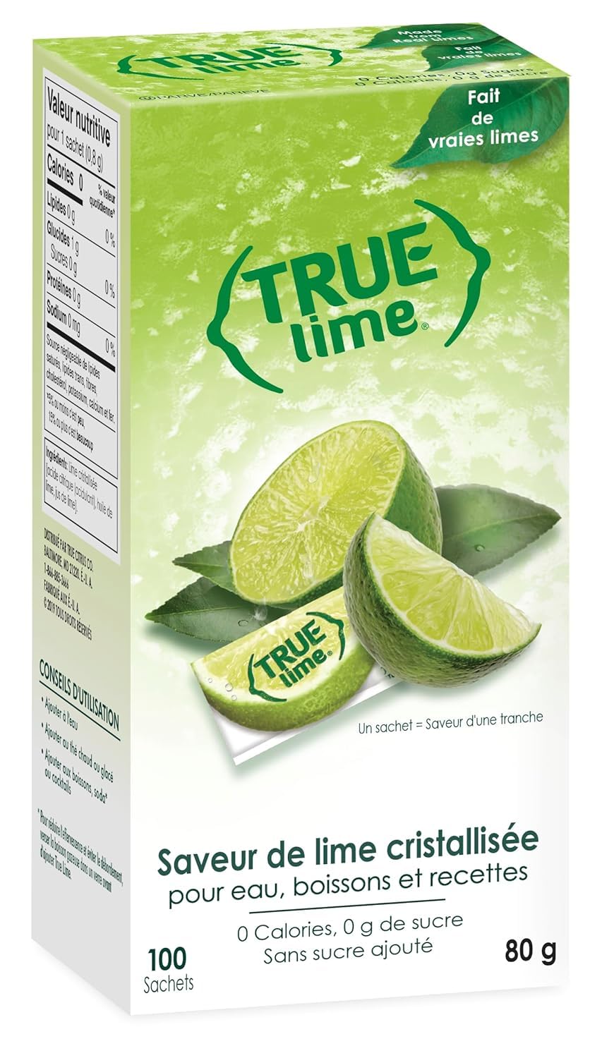 True Lime 100ct (Pack of 1) - Water Enhancer - Bulk Dispenser - 0 Calorie Drink Mix Packets For Water - Sugar Free Lime Flavoring Powder Packets