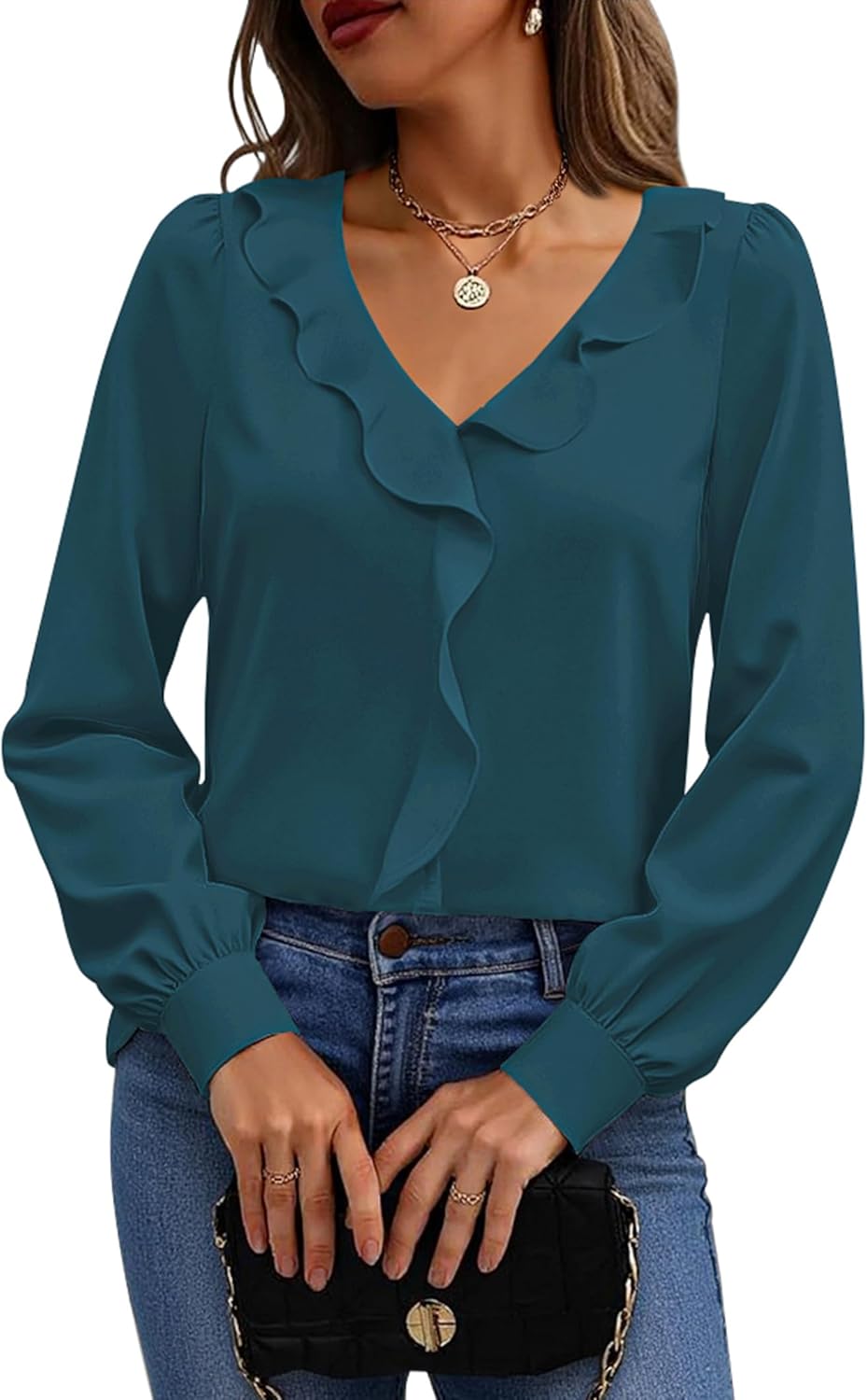 Halife Womens Dressy Casual Blouses Long Sleeve Business Tops Ruffle V Neck Trendy Work Shirts