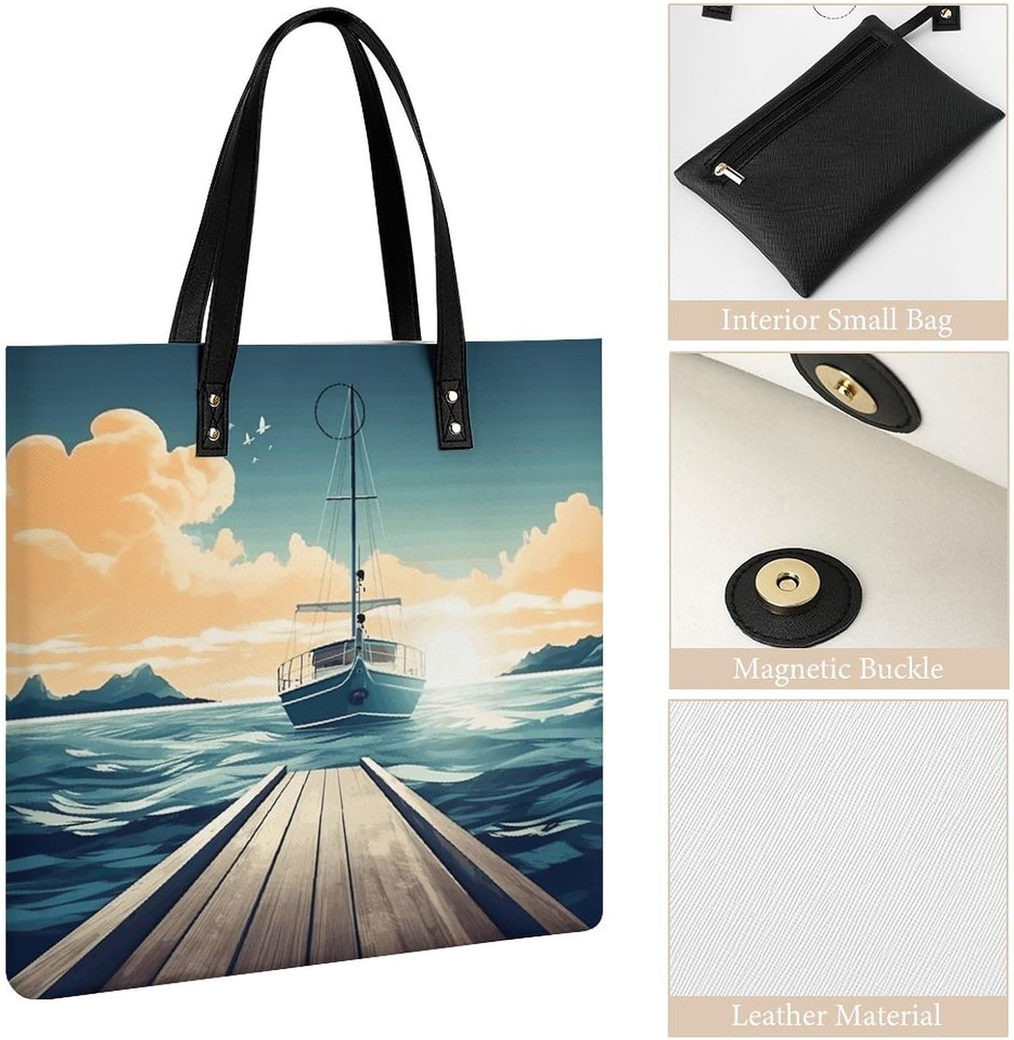 Boat Seascape Theme Handbags Large Capacity, Tote Bag Stylish Slouchy, Shoulder Bags for Work Beach Travel And Shopping Grocery.