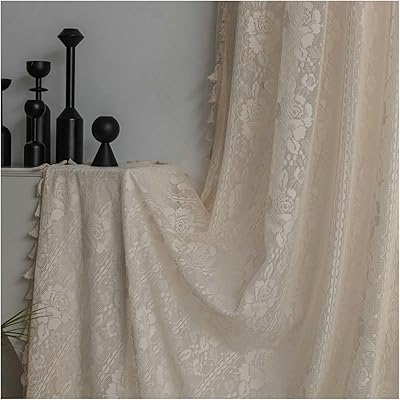 Gualiy Thin Curtain for Window, Sheer Curtains 2 Panels Crochet Rose Hollow Style Curtains 59 inch Wide Beige Living Room Curtains 63 inch Long