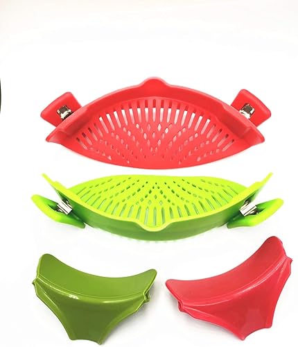 Paquete de 2 coladores de silicona con clip con cuenco deslizante, sin boquilla para drenar alimentos mientras cocinas o viertes líquido, tamaño
