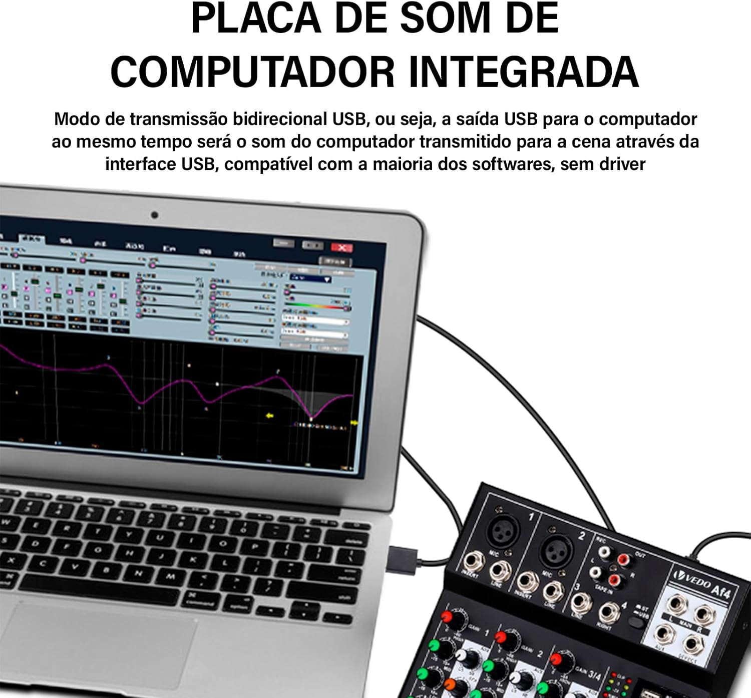 VEDO AF4 mixer connected to a laptop via USB cable