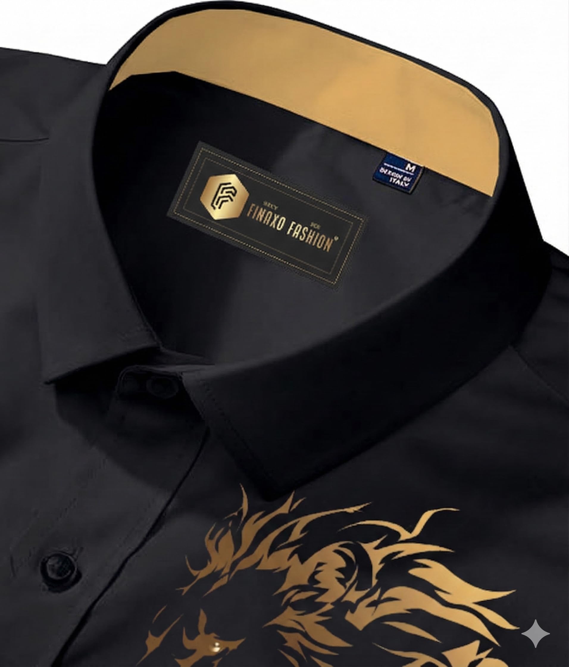FINAXO FASHION Men's Shirt | Gold Lion Print | Slim Fit | Long Sleeve | Button-Down Casual Shirt (in, Alpha, L, Regular, Black) 2